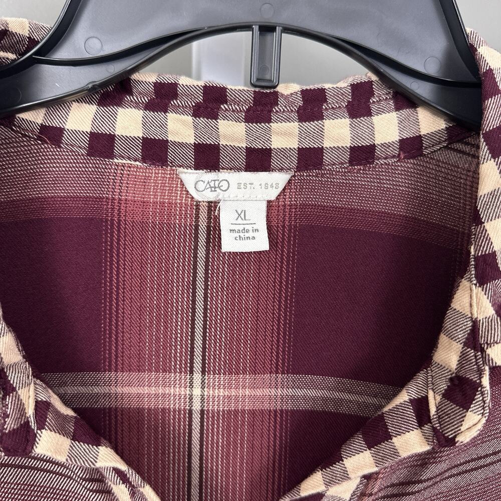 Cato Womens XL Rayon Plaid Babydoll Blouse Empire Waist Burgundy Boho Top - Picture 5 of 8